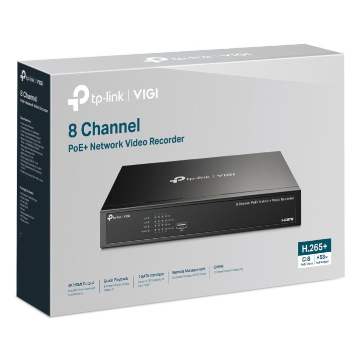 Grabador De Video Tp-link Vigi Nvr1008h-8p 8 Canales 16mp 8xrj45 Poe+ 53w Hdmi 4k H.265+ Sata 2xusb