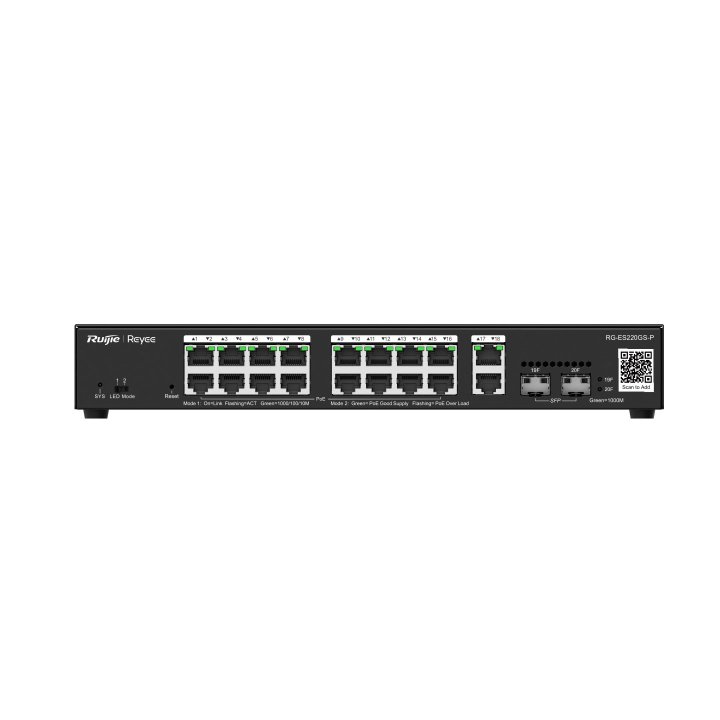 Switch Gestionable L2 Ruijie Rg-es220gs-p 20p 18xrj45 Gb 2xsfp Ge 16xpoe 250w Gestion En La Nube