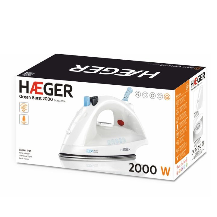 Plancha De Vapor Haeger Ocean Brust 2000w Suela Inox Capacidad 170ml Regulable Planchado Vertical Blanco