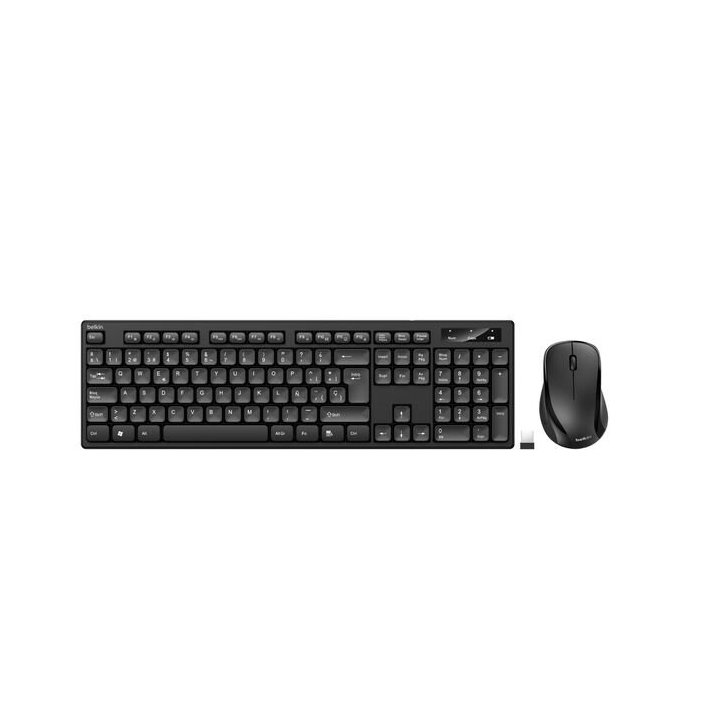 Teclado Y Mouse Belkin Wireless 2,4ghz Receptor Nano Teclas Planas Color Negro Caja Marron 
