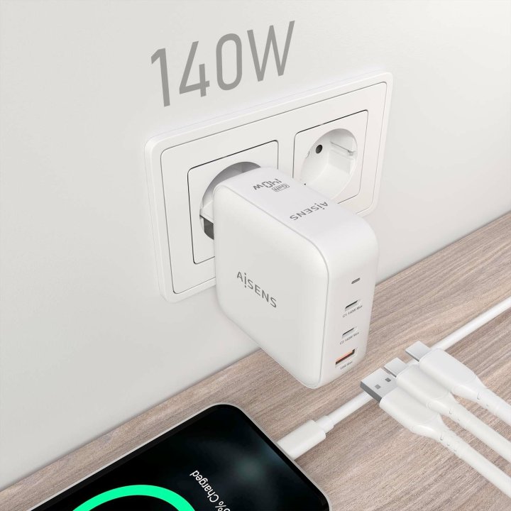 Cargador Usb Gan Aisens Asch-140w3p030-w 140w 2xusb-c Pd3.1 1xusb-a Color Blanco