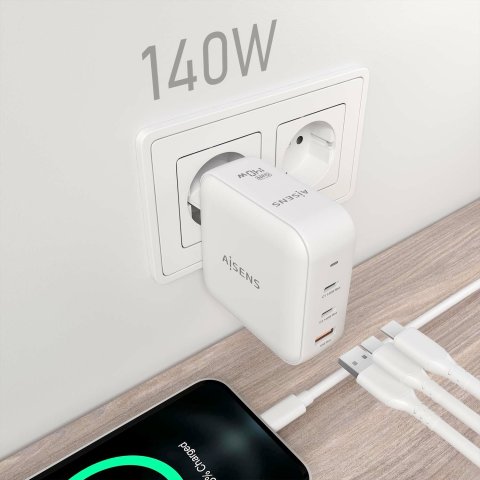 Cargador Usb Gan Aisens Asch-140w3p030-w 140w 2xusb-c Pd3.1 1xusb-a Color Blanco