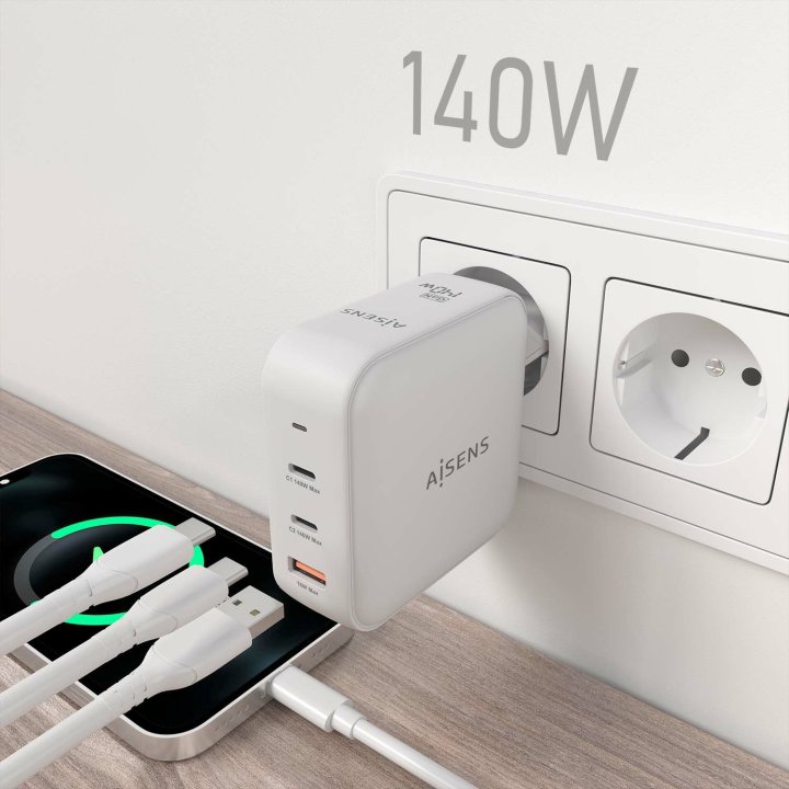 Cargador Usb Gan Aisens Asch-140w3p030-w 140w 2xusb-c Pd3.1 1xusb-a Color Blanco