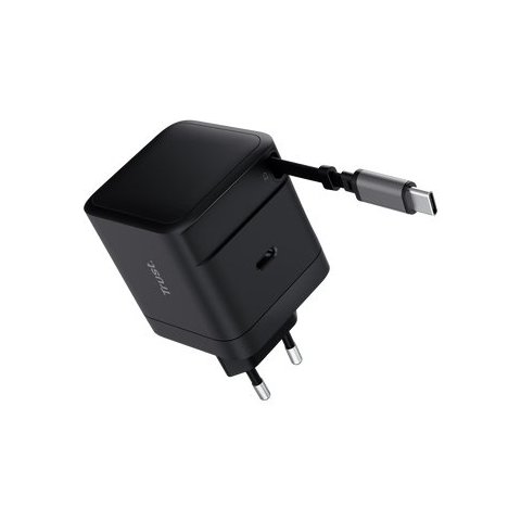 Cargador Usb-c Trust Maxo 65w Pd Cable Soldado Retractable 2xusb-c Negro