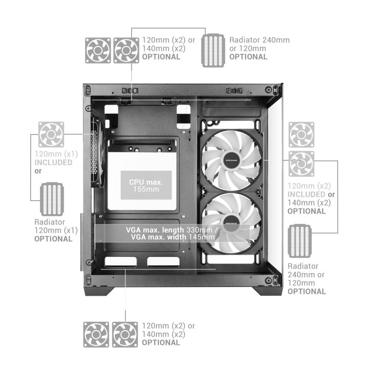 Caja Microatx Mars Gaming Mc-view3 Gpu Max 330mm Cristal Templado Panoramico Argb Usb-c Negra