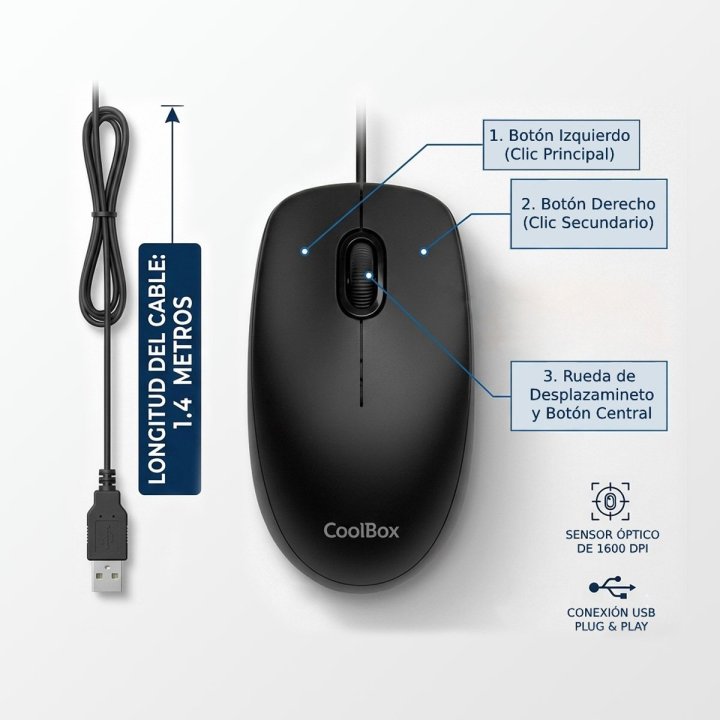 Mouse Coolbox U01 Cable Usb-a 3 Botones 1600 Dpi Color Negro