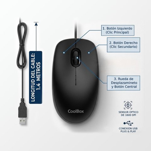 Mouse Coolbox U01 Cable Usb-a 3 Botones 1600 Dpi Color Negro